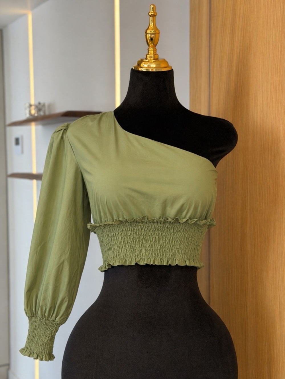 En Saison X Anthropologie Olive One Shoulder Smocked Blouse | Modern Muse